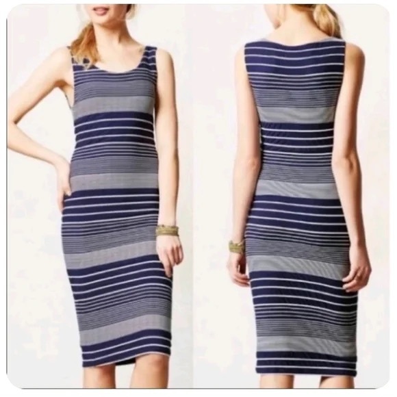 Anthropologie Maeve blue and white striped midi length bodycon dress size medium - Picture 4 of 4